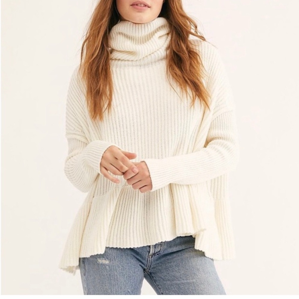 Free People Layer Cake Peplum Ribbed Turtleneck Tunic Sweater - Ivory/Cream XS